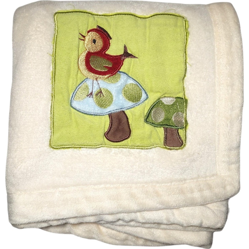 Lambs & Ivy Beige Off White Bird Mushroom htf Baby Blanket SOFT Lovey 30x40 EUC